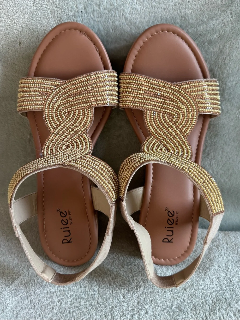 Ruizee Gold Beaded Women’s Wedge Sandals size 10 WIDE